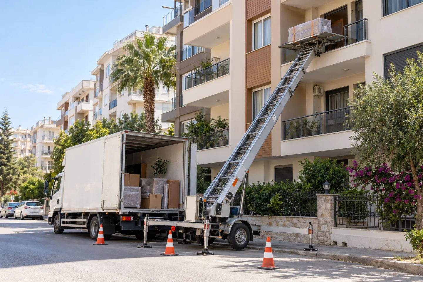Apartman cephesindeki eşya taşıma asansörü ve nakliye kamyonu